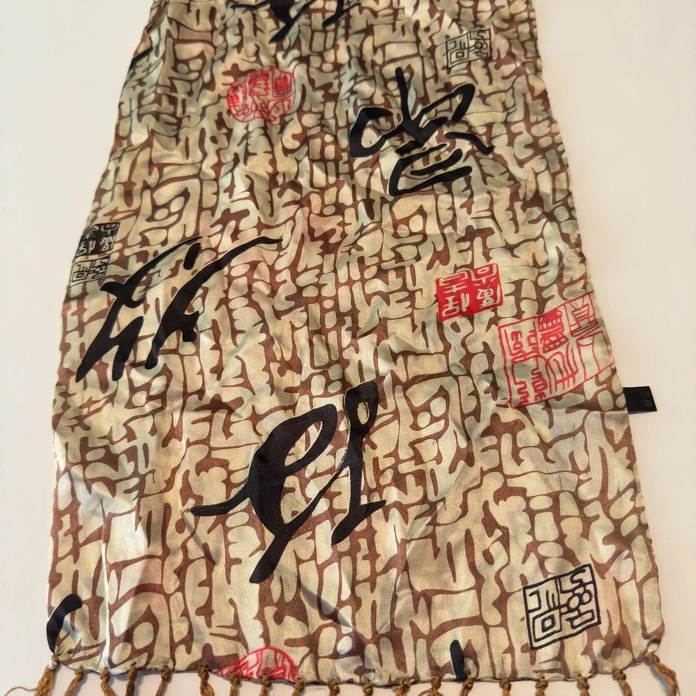 100% Silk Calligraphy Print Scarf Tan Brown Black Red Tassel Fringe Rectangular